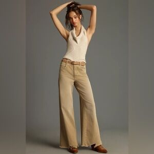 Pilcro Adi Mid Rise Frayed Relaxed Flare Jeans Neutral Tan Size 29 Anthropologie